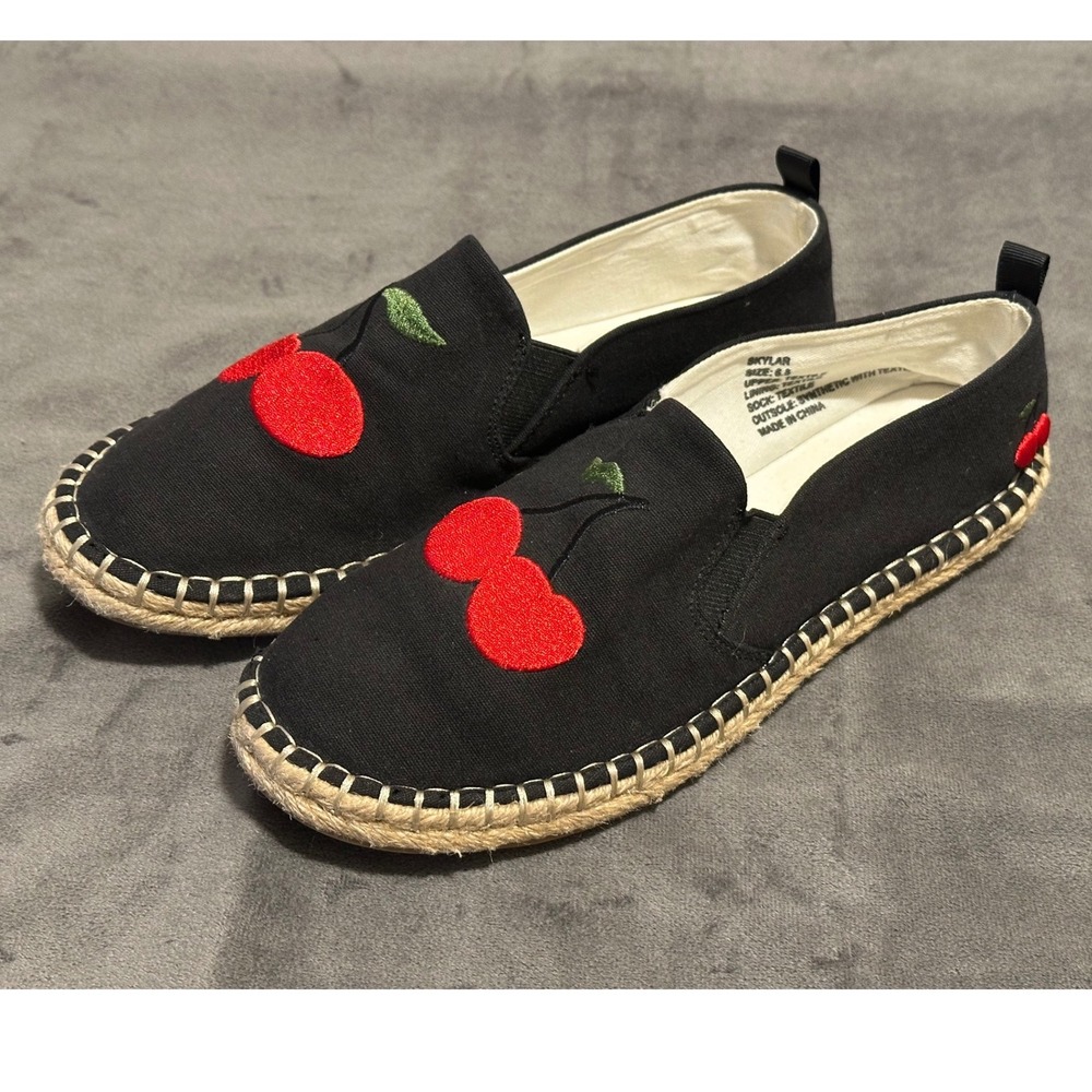 Crown & Ivy Skylar Cherry Embroidered Espadrille Flats Black Canvas Shoes 8.5